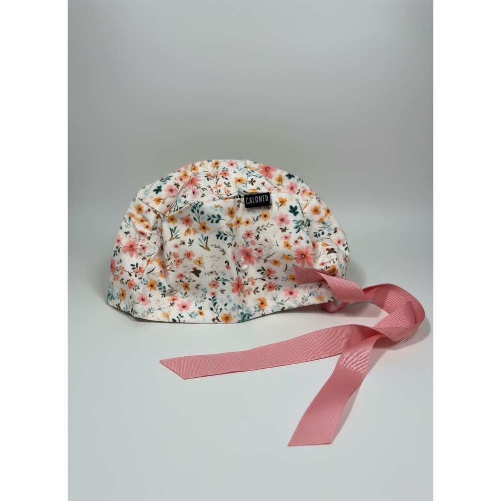 Calomed Floral Scrub Cap Buttons Tie Back Cotton Pink Flowers On Ivory